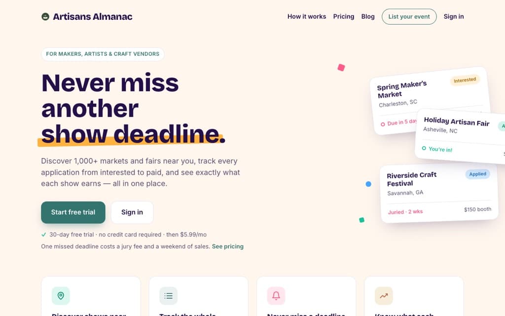 Artisans Almanac homepage — 'Never miss another show deadline' with show-tracking cards