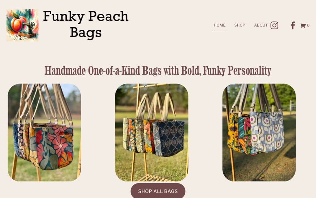Funky Peach Bags homepage — handmade bags hanging on display at an outdoor market